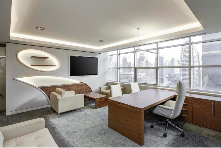 Modern office with a downtown skyline view